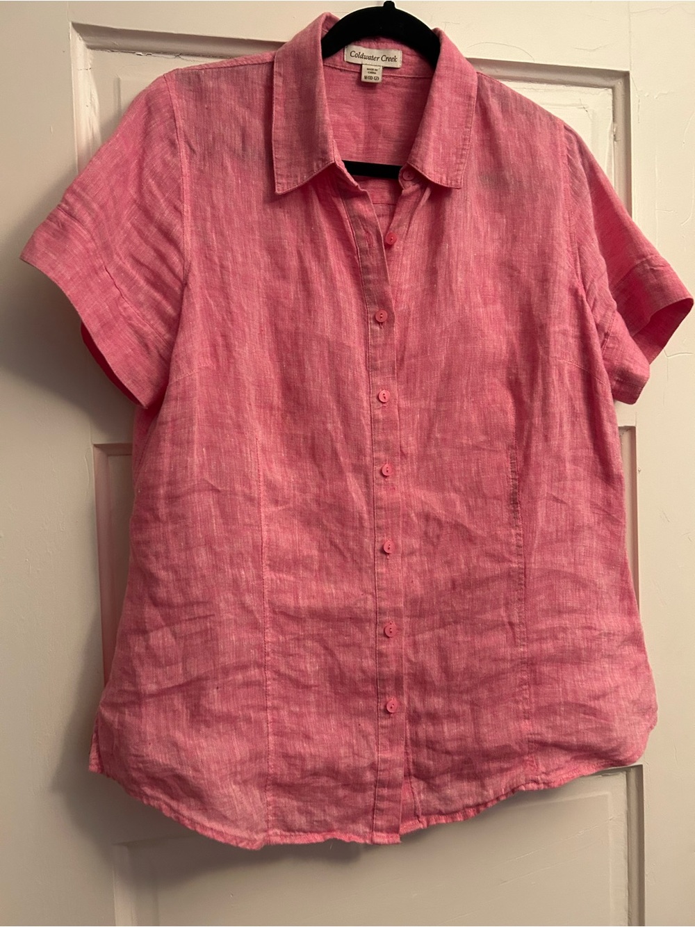 LINEN Coldwater Creek Rose-Pink Linen Button-Up Short Sleeve Blouse - Picture 3 of 9